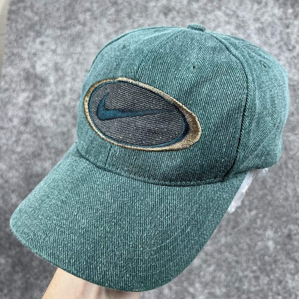 Vintage Nike Swoosh Oval Patch Hat Strap Back Faded Green Dad Cap 90s Y2K Rare